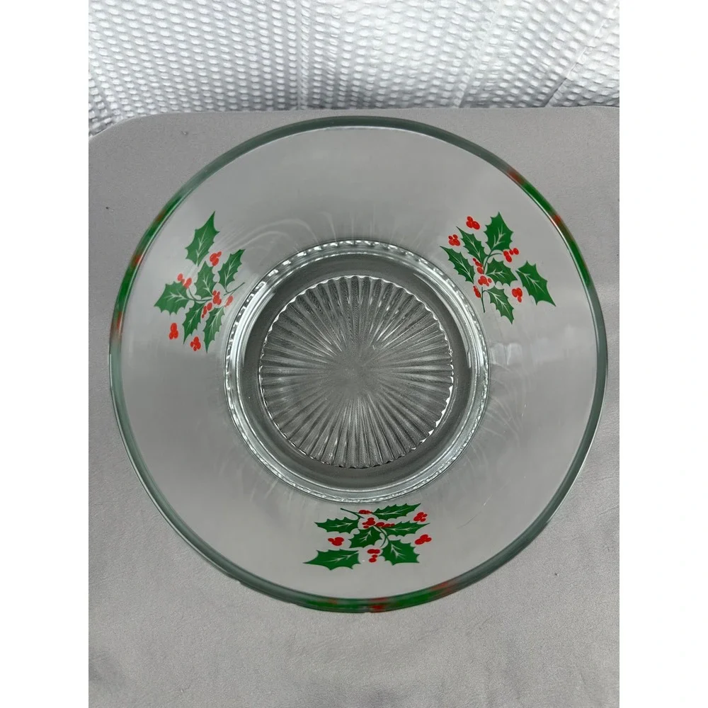 Vintage Indiana Glass Christmas Holly Berry Glass Bowl Holiday Serving‎ Dish